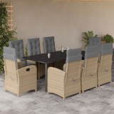 VidaXL Set de masă pentru grădină, 9 piese, cu perne, bej, poliratan