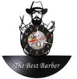 Ceas de perete decorativ The Best Barber, realizat din disc de vinil upcycled, model Frizerie / Barber Shop, negru, 30 cm