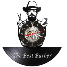 Ceas de perete decorativ The Best Barber, realizat din disc de vinil upcycled, model Frizerie / Barber Shop, negru, 30 cm