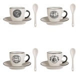 Cumpara ieftin Set Cesti din Ceramica Maro/Alb cu Modele, cu Farfurii si Lingurite, 90 ml, 4 Seturi
