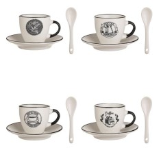 Set Cesti din Ceramica Maro/Alb cu Modele, cu Farfurii si Lingurite, 90 ml, 4 Seturi