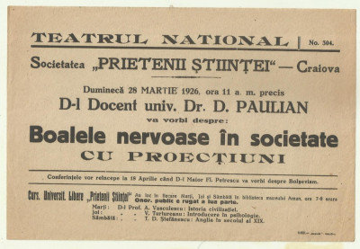 Afis Conferinta Dr.D.Paulian : Boalele nervoase in societate - 1926 foto