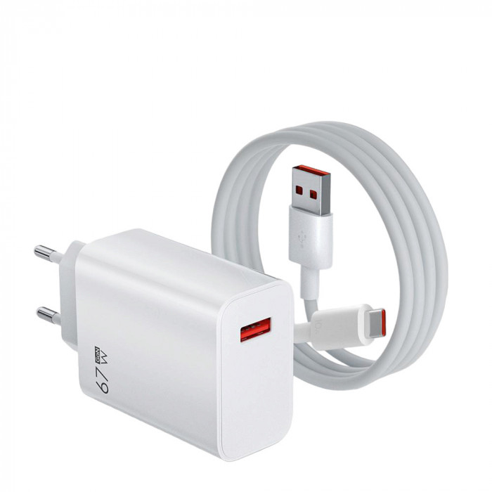 Adaptor Quick Charge 67W cu cablu tip C inclus, tehnologie GaN, compatibil cu Xiaomi, Huawei, IPhone, Samsung, tableta, alb