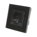 Priza schuko simpla neagra 220V, 16A, 2xUSB A+C 20W incarcare rapida, rama din sticla 86x86x34mm