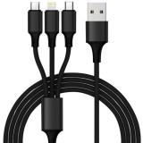 Cablu USB 3-&icirc;n-1, Tip-C, microUSB, Lightning, &Icirc;mpletit, Lungime ~120cm, Negru, Izoxis