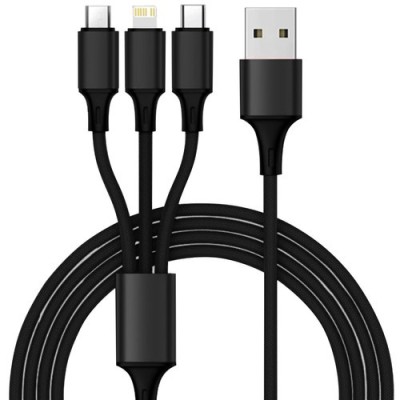 Cablu USB 3-&amp;icirc;n-1, Tip-C, microUSB, Lightning, &amp;Icirc;mpletit, Lungime ~120cm, Negru foto