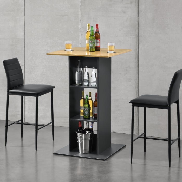 [en.casa] Masa bar Visby CL, 70 x 70 x 110cm, PAL melaminat, gri inchis/culoarea lemnului, cu 3 rafturi HausGarden Leisure