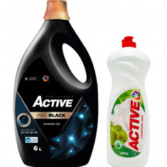 Detergent lichid pentru rufe negre sau de culoare inchisa Active, 6 litri, 120 spalari + Detergent de vase lichid Active, 1 litru, mar