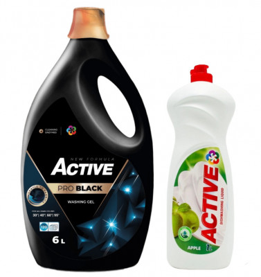 Detergent lichid pentru rufe negre sau de culoare inchisa Active, 6 litri, 120 spalari + Detergent de vase lichid Active, 1 litru, mar foto