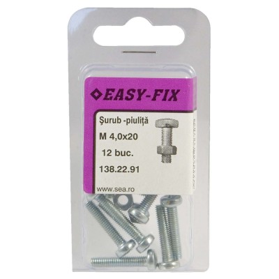 Surub cu cap bombat, amprenta cruce, cu piulita, Easy-Fix, otel, zincat alb, M4 x 20 mm, set 12 bucati foto