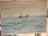 Marina, vase de pescuit, acuarela pe hartie, Marine, Miniatural