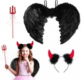 Costum pentru copii de Halloween Myybx, textil/plastic/pene, negru/rosu, 3 piese