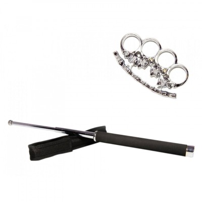 Set baston telescopic 65 cm argintiu + pumnal/box craniu argintiu foto