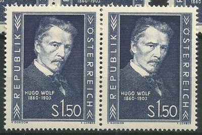 AUSTRIA 1953 - COMEMORARI , COMPOZITOR , HUGO WOLF STRAIF DE 2 NESTAMPILAT foto