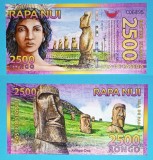 Bancnota Insula Pastelui 2500 Rongo Chile 2011 UNC, Seria C06895, Bancnota Fantezie, Statui Moai, Polimer 159x80mm