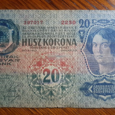 B109e- Bancnota 20 koroane 1913 Austria- Ocupatia Romania al 2 lea razboi.