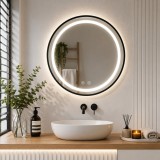 Oglinda baie LED rotunda 60 cm, anti-aburire, control tactil, negru