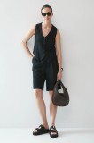 Medicine pantaloni scurți din amestec de in femei, culoarea negru, neted, high waist