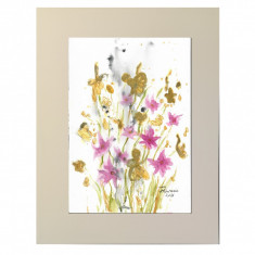 E14. Tablou - Flori Aurii violet, acuarela pe hartie cu Passpartout, 30 x 40 cm