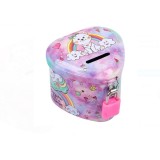 Pusculita Unicorn forma inima cu lacat 8x8x6 cm Roz