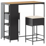 Set mobilier bar de gradina cu perne, 3 piese, negru, poliratan