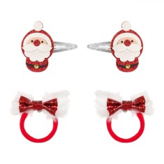 Set Clame și Elastice Păr, Model Crăciun, Design Moș Crăciun, Glitter, 4 Bucăți