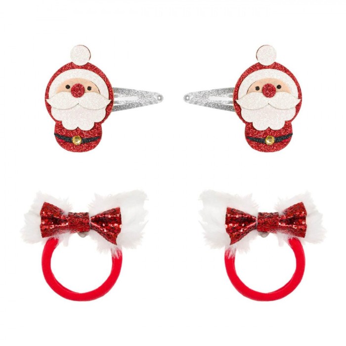 Set Clame și Elastice Păr, Model Crăciun, Design Moș Crăciun, Glitter, 4 Bucăți