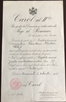 Brevet pentru Medalia Răsplata muncii - Lct.-Colonel: R&amp;acirc;mboru Niculae din 1937 foto