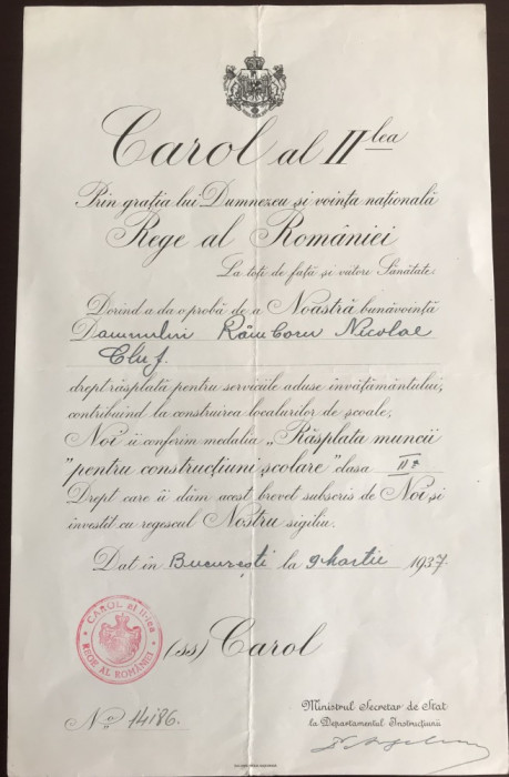Brevet pentru Medalia Răsplata muncii - Lct.-Colonel: R&acirc;mboru Niculae din 1937