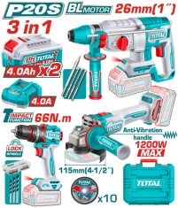 Kit combo TOTAL 20V brushless cu bormasina, polizor si rotopercutor