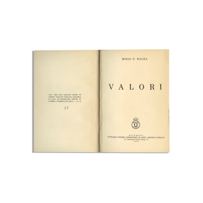 Mihai D. Ralea, Valori, 1935, exemplar bibliofil cu dedicație către Victor V&acirc;lcovici
