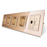 Livolo priză cvintuplă sticlă aurie, 4 prize + TV/internet