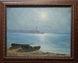 Bărci trase la mal, pictură semnată D. FLORIAN