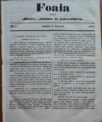 Foaia pentru minte , inima si literatura , nr. 5 , 1862 , Brasov , I. Muresanu foto