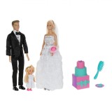 Set Păpuși Mire și Mireasă cu Fetita, Rochie Albă Trandafiri, Costum Negru, Jucării Băieței și Fetițe, 3+ Ani, Oem