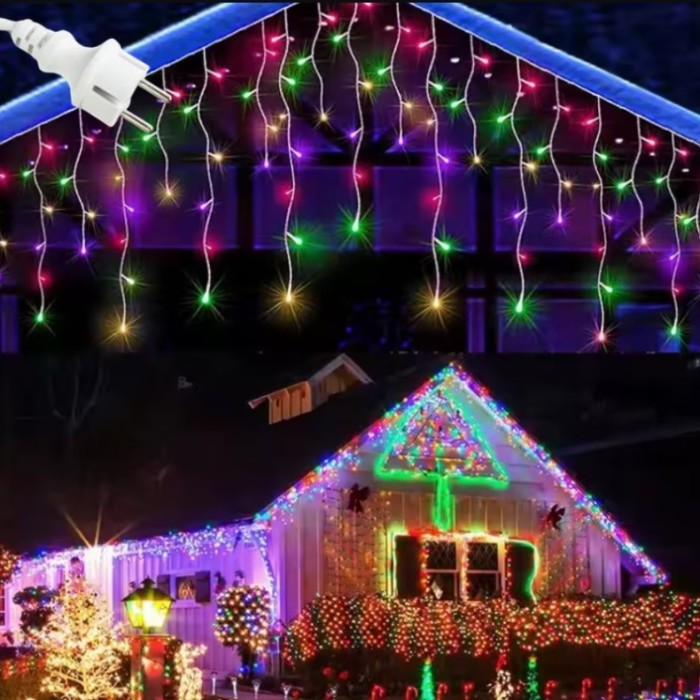 Instalatie Craciun Turturi BZRSH, 25 m, 500 LED-uri Multicolor , Perdea Franjuri Rezistenta la Apa IP45, Exterior Interior, Interconectabila, Fir Alb