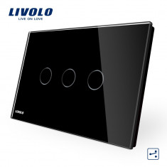 Intrerupator triplu cap scara/cruce cu touch Livolo din sticla standard italian, Negru, VL-C903S-82 foto