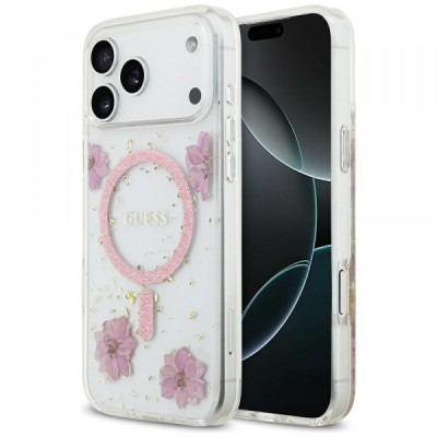 Husa MagSafe pentru Apple iPhone 17 Pro, Guess, Resin Flowers and Glitter, Roz foto