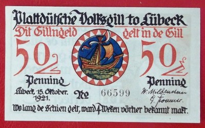 Germania notgeld 50 pfennig 1921 Lubeck ** foto