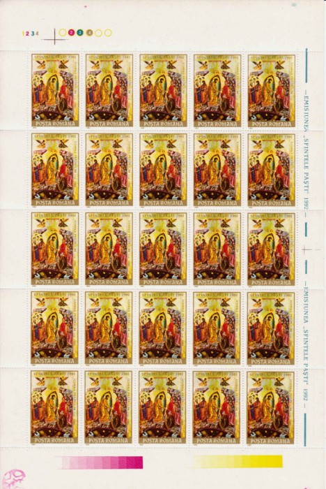 ✅ RO 1992 ,LP 1284 ,&quot;Sfintele Pasti&quot;, serie coala de 25 serii ,MNH