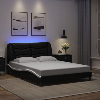 vidaXL Cadru de pat cu lumini LED negru/alb 140x190 cm piele ecologică foto