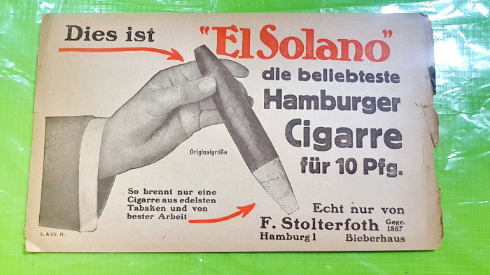 E616-Reclama TRABUCURI veche EL SOLANO Hamburger Germania cca 1920-30 carton.