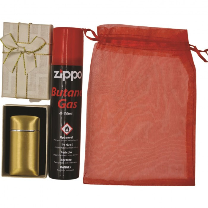 Set Bricheta anti-vant, metalica, aurie, cutie cadou, Gaz incarcare bricheta Zippo, 100 ml, saculet cadou, b1