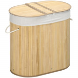 Cumpara ieftin HOMCOM Coș de Rufe din Bambus cu Capac, 100L, 2 Compartimente, 62.5x37x60.5 cm, Natural | Aosom Romania