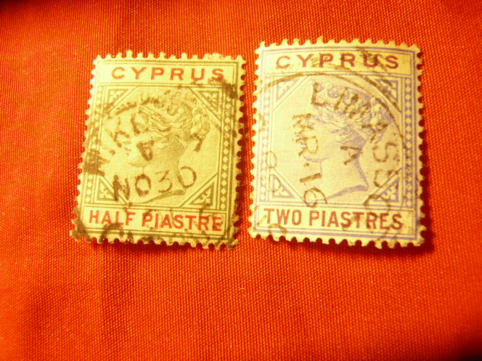 2 Timbre Cipru 1894 Regina Victoria , filigram CA ,val. 1/2 si 2 pia. stampilate