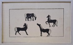 Tablou cu cai, realizați &icirc;n tehnica decupajului, semnat WB (1974)