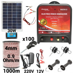 Kit pachet gard electric 14 Joule 12 220V panou solar 30W 1000m 100 izolatori (BK87613-1000-4mm-30W)