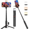 Selfie stick cu trepied si Blitz incorporat cu 3 moduri de iluminare si Rotire 360°, extensibil 76 cm, Telecomanda Wireless, Blu