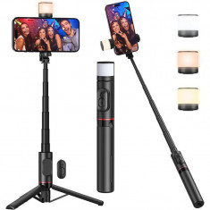 Selfie stick cu trepied si Blitz incorporat cu 3 moduri de iluminare si Rotire 360&deg;, extensibil 76 cm, Telecomanda Wireless, Blu