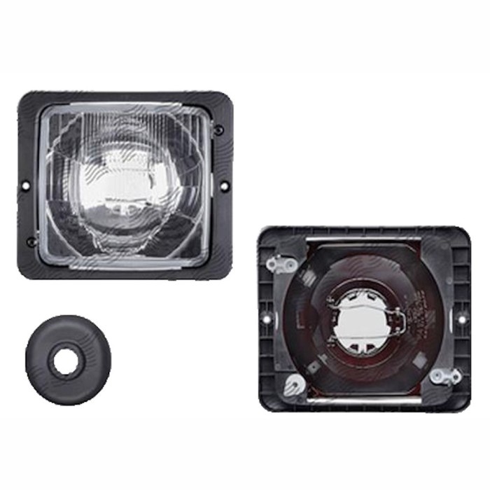 Far 12/24V; fara lampa parcare; geam cu linii optice; patrat; tip bec H4; Latime: 172 mm; Inaltime: 142 mm; Adancime: 77 mm; reglare manuala, stg=dr.